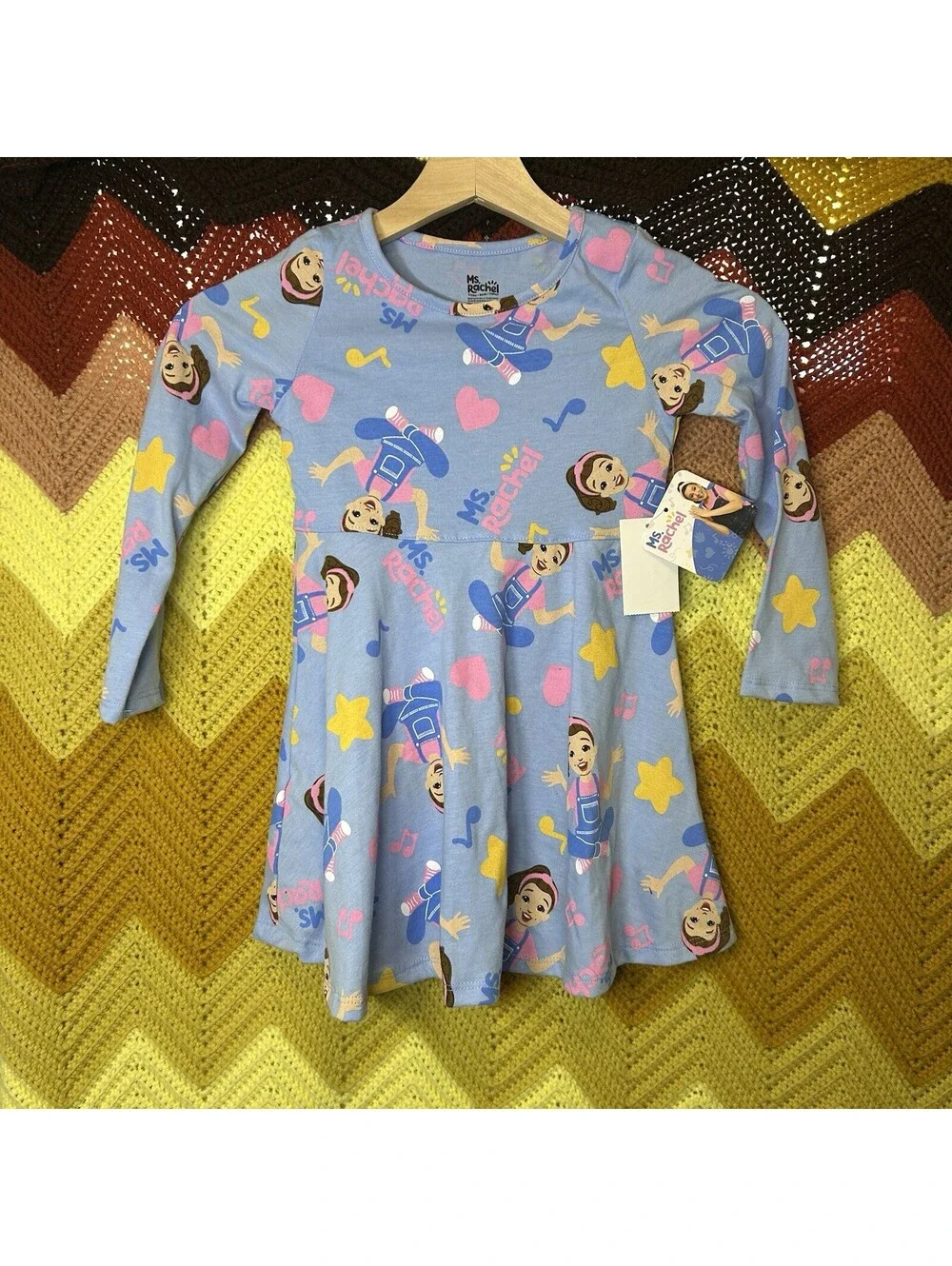 Ms Rachel Girls Fit & Flare Dress Blue Cartoon Print Size 4T Long Sleeve